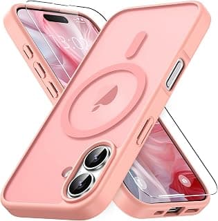 Magnetic for iPhone 16 Case with 1 Protective Glass, Compatible with Magsafe, Military Standard Drop Protection, Translucent Matte Back Shockproof Mobile Phone Case for iPhone 16 Case Pink