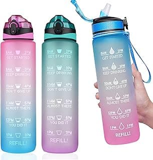 زجاجة مياه تحفيزية 1 لتر مع مؤشر وقت وشفاطة، تريتان خالي من BPA، للجيم والمكتب، متدرجة اللون (وردي وأرجواني)