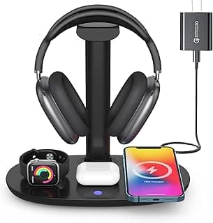 Headphone Stand with 15w Wireless Charger, Suguder 4 in 1 Charging Station Headset Holder for AirPods Max/Pro/2/3 iWatch 9/8/7/6/5/4/3/2/1/SE iPhone 15/14/13/12/11/XS/XR/X for Desktop Table Game