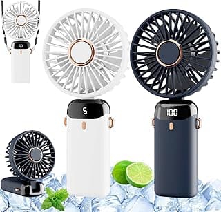 Portable Handheld Fan 2 Pack, LED Display Personal Fan with 5 Speeds, 4000mAh Hand Held/Desk/Neck Fan 3 in 1 Small Fan with Base, Foldable Battery Operated Rechargeable Mini Fans for Outdoor Indoor