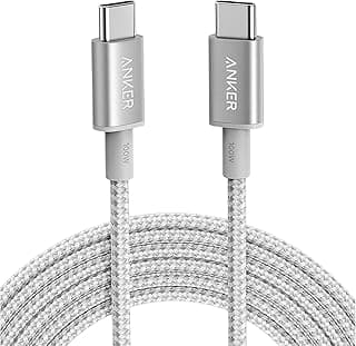 انكر [شحن فائق السرعة 100 واط] كيبل شحن USB-C الى USB-C [مزامنة بيانات عالية السرعة] نايلون مضفر متين من النوع سي الى نوع سي 1.8 متر ابيض
