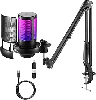 ميكروفون العاب USB للكمبيوتر من فيربوي مع ضوء RGB مكثف زر كتم الصوت والتحكم في مستوى ومقبس سماعة راس 3.5 ملم متوافق ويندوز وماك او اس والهواتف الذكية وبلاي ستيشن 4/5 (اسود)