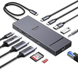 قاعدة شحن برو 12 في 1 ثلاثية من يوجرين 4K مع منفذي و2x10 جيجابايت USB سي و2×5G USB ايه و100 وات وايثرنت 1000 ميجابت لكل ثانية وصوت 3.5 ملم ومحول متعدد لماك بوك وديل واتش بي والمزيد من ريفودوك | 2x10Gbps USB C, 2xUSB-A 2.0, 100W PD, SD/TF 3.0, 1000Mbps Ethernet, 3.5mm Audio,USB-C Hub Multiple Adapter for DELL/HP/Lenovo