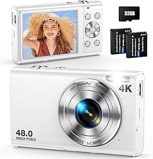 كاميرا ديجيتال DC402 محمولة بتركيز تلقائي بدقة 48 ميجابيكسل وفيديو عالي الدقة UHD 4K مع تقريب رقمي 16X سهلة الاستخدام مع بطاقة 32 جيجابايت وبطاقتين وحبل معلق للمراهقين والكبار والمبتدئين لون أبيض