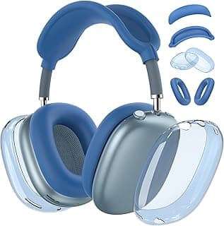 [4 in 1] Silicone Case Cover for AirPods Max (2024/2020), Clear TPU Ear Pad Cover/Ear Cups Cover/Headband Cover for AirPods Max, Transparent Silicone Accessories for Apple AirPods Max New USB-C, Blue