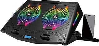 مبرد لابتوب ICE07 للالعاب حتى 17.3 انش، مروحتان 140 ملم، شاشة LCD وتحكم RGB وسرعة المراوح، قاعدة قابلة للتعديل مع USB وحامل هاتف، تشغيل ضمان سنتين وصيانة 5 سنوات