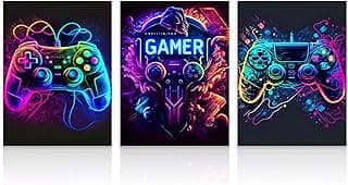 Dazzlewall 3Pcs Neon Gaming Wall Art Set, Vibrant Controller Posters for Boys Teen Game Room Bedroom Decor 12x16 in Unframed