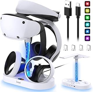 MENEEA VR2 Charging & Storage Stand for Playstation VR2 Controller with Colorful Light Column,4pcs Type-C Magnetic Charger Connector, Dual Charger Dock/VR Headset Holder/Dazzling RGB Light for PSVR2