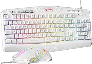 ريدراجون كيبورد العاب سلكي S101 باضاءة خلفية RGB مع مفاتيح وسائط متعددة ومسند معصم وماوس باضاءة خلفية حمراء 3200 نقطة لكل بوصة لالعاب الكمبيوتر بنظام ويندوز (ابيض)