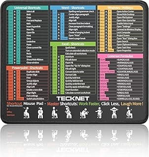 TECKNET Shortcut Mouse Pad for Excel Word PowerPoint Windows, Non-Slip Waterproof Office Desk Mat-11.6x9.8 Inch, 68 Keyboard Shortcuts, Portable Computer Mousepad, Durable, Clear Printing, Black