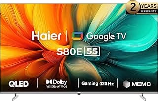 شاشة هاير H55S80EU، 55 بوصة، 4K QLED، سمارت جوجل تي في، جيمنج 120Hz، دولبي فيجن وأتموس، MEMC/VRR/ALLM، رام 2+32 جيجابايت، تحكم صوتي، HDR10، كروم كاست، HDMI 2.1، تصميم بريميوم بدون إطار