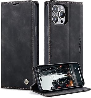 جراب محفظة لهاتف ايفون 14 Pro Max، جلد PU قابل للطي مع أماكن للكروت ومسند وقفل مغناطيسي (أسود)