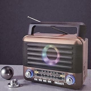 راديو RX-5160D كلاسيكي مع بلوتوث، راديو 3 نطاقات FM/AM/SW، مشغل موسيقى USB/TF، دعم TWS، أوضاع إضاءة ديسكو، شحن Type-C، بطارية 18650 مرفقة