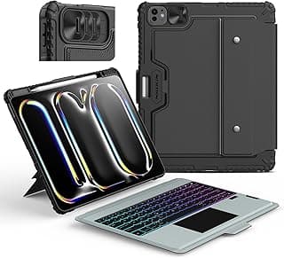 جراب ابل iPad Pro 13 بوصة (M4) مع كيبورد قابل للفصل، تراك باد، إضاءة خلفية بـ 7 ألوان، جراب كيبورد متين مع غطاء للكاميرا، لون أسود