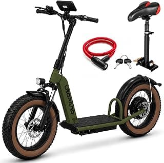 Electric scooter for adults, 500 watt motor, Speed 55 km/h, 45 km range, wide tires, swappable battery, front/rear disc brakes, smart display, 12 month warranty. Electric scooter with seat and lock