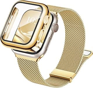 3-in-1 Compatible for Apple Watch Straps 40/41/44/45/46mm with Case & Screen Protector, Dual Magnetic Band and Protective Cover with 9H Tempered Glass for iWatch Series SE 10 9 8 7 6 5 4