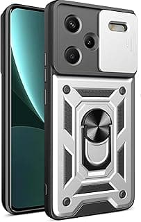 Compatible with Xiaomi Redmi Note 13 Pro plus Premium Protection Back Case with Camera Slide Cover Built-in Ring Stand Shockproof Cover For Redmi Note 13 Pro plus 5G (Silver)