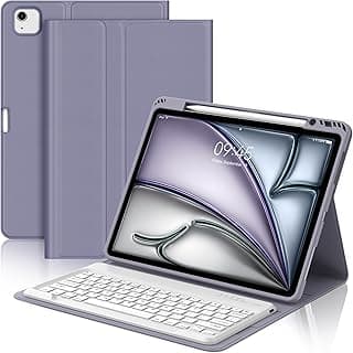 كيبورد كيس لجهاز ابل iPad Air 13 بوصة (M3/M2, 2025/2024)، جراب بمسند قلم قابل للشحن، كيبورد بلوتوث ماجيك قابل للفصل، غطاء ذكي، رمادي-بنفسجي