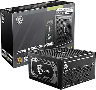 باور سبلاي معياري MAG A1000GL PCIE5 بقدرة 1000 وات بتصنيف 80 بلس جولد من ام اس اي، أسود، 306-7ZP9B18-CE0