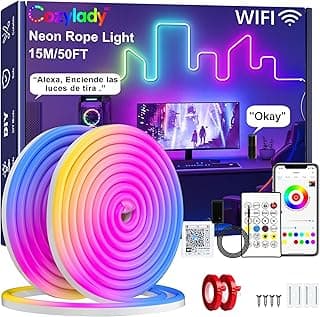 15M Smart LED Neon Light Strip, RGB WIFI Neon Rope Lights waterproof, Music Sync, DIY Design, Works with Alexa, Google Assistant, for Bedroom Living Room Gaming Room Lights Decor