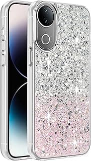 جراب متوافق مع Vivo V50 5G / Vivo V50e 5G، شفاف بلمعة براقة، إطار TPU ناعم، غطاء خلفي صلب للنساء والفتيات، جراب حماية شفاف للموبايل - أبيض ووردي
