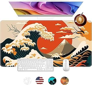 Japanese Sea Wave Sun Extended Large Desk Mat, Big Computer Keyboard Desk Pad, Stitched Edges Mousepad, 31.5 x 15.7 Inch Waterproof Desk Pad for Office Home