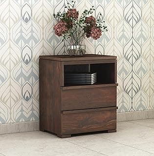 Sheesham Wood Bedside End Table with 2 Drawers and Open Shelf Storage for Bedroom Living Room Wooden Furniture Side Table for Hotel Room Office (Walnut Finish)