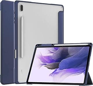 جراب حماية ذكي قابل للطي لتابلت سامسونج Galaxy Tab S8 Plus/S7 Plus/S7 FE مقاس 12.4 بوصة مع مكان للقلم، أزرق داكن [ظهر شفاف]