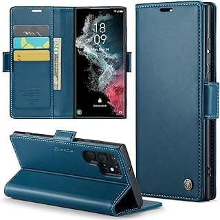 جراب محفظة لهاتف سامسونج Galaxy S22 Ultra مع حامل بطاقات، مسند، خاصية حجب RFID، غطاء حماية مغناطيسي ضد الصدمات من جلد PU - أزرق