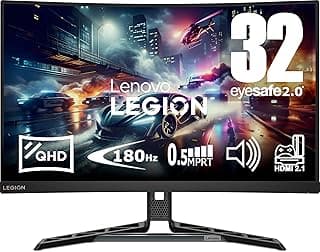 شاشة ألعاب ليجن منحنية R32qc-30 بدقة QHD VA 180Hz 0.5 مللي ثانية مع HDMI 2.1 ومنفذ عرض وتقنية ايه ام دي فري سينك ومكبرات صوت وإمالة ودوار وحامل تعديل الارتفاع من لينوفو