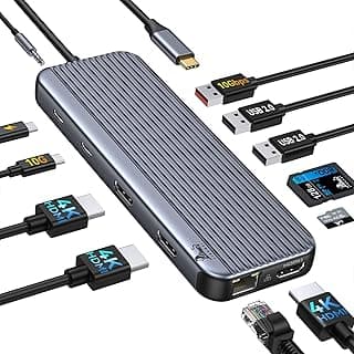 قاعدة توصيل USB C، محول 12 في 1 لـ 3 شاشات، تدعم 10Gbps USB A/C 3.1، USB 2.0، طاقة 100W PD، إيثرنت، صوت/ميكروفون، SD/TF