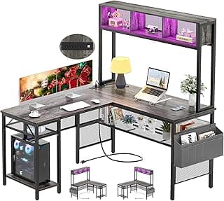 مكتب كمبيوتر على شكل حرف L مع شريط إضاءة LED ومخارج طاقة، مكتب زاوية قابل للعكس مع أرفف تخزين، مكتب جيمنج للمنزل والمكتب، مع منفذ USB، لون بلوط أسود