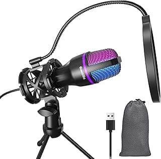 ميكروفون من بيوتيسيو موديل ME3 باللون الأسود مع اتصال USB، مزود بتقليل الضوضاء وإضاءة RGB وحامل ثلاثي وفلتر بوب، متوافق مع الحاسوب الشخصي