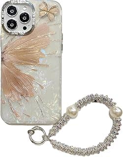 for iPhone 16 Pro Max Butterfly Case, Cute 3D Flower Glitter Bling Translucent Colorful Shell Pattern with Pearl Wrist Strap Soft Silicone Girls Case for iPhone 16 Pro Max (Yellow Butterfly)