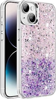 Compatible with iPhone 15+ Plus/iPhone 14 Plus 6.7-Inch Case, Clear Glitter Bling Sparkly, Soft TPU Frame Bumper, Hard-Back Cover for Women & Girls, Transparent Protective (Pink Purple)