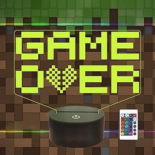 Lightzz مصباح ليلي Pixel Game Over، مصباح LED ثلاثي الأبعاد للأطفال، هدايا رائعة لديكور مكتب غرفة الجيمرز مع ريموت + تحكم باللمس 16 لوناً