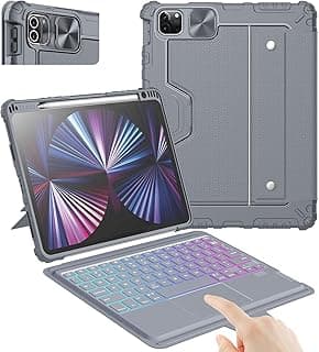 جراب كيبورد بإضاءة خلفية مصمم لجهاز ابل iPad Air 11 2024/10.9 2020/Air 4/Air 5/Pro 11 2020/2021/2022، مكان للقلم/غطاء مقاوم للصدمات/ستاند/تراك باد/كيبورد - رمادي