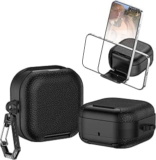 جراب جلد لسماعة سامسونج Galaxy Buds4 / Buds4 Pro مع مسند وميدالية، يدعم الشحن اللاسلكي ومضاد للصدمات - أسود