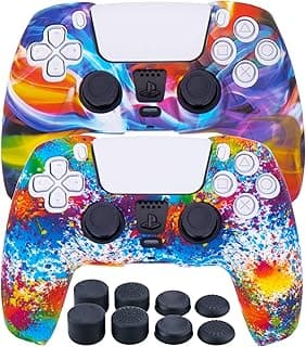 جراب سيليكون MXRC مانع للانزلاق بتصميم مموه لذراع تحكم PS5 Dualsense عدد 2 (عبوة ألوان قوس قزح) + 8 قطع غطاء انالوج FPS PRO إضافي