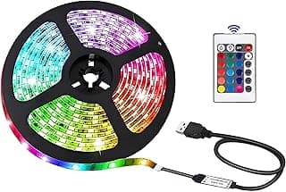 شريط إضاءة ليد RGB - 5 متر متعدد الألوان 5050 إضاءة خلفية تعمل بمنفذ USB مع جهاز تحكم عن بعد، 16 خيار لون، سطوع قابل للتعتيم، مقاومة للماء IP65 للتلفزيون او غرفة النوم أو تزيين إعدادات الألعاب