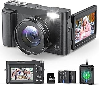 كاميرا ديجيتال بشاشة 3 بوصة بدقة 48 ميجابكسل 4K للتصوير الفوتوغرافي وتسجيل الفيديو مضادة للاهتزاز لليوتيوب قابلة للطي 180 درجة مع فلاش تكبير 16X مع شاحن بطارية بطاقة 32 جيجابايت، لون أسود