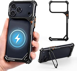 Metal Bumper Case for iPhone 17 Pro, Aluminum Alloy Frame Hollow Back Design with Kickstand Compatible with Mag, Minimalist Slim Shockproof Cool Cover Hard Shell Raised Edge, Black