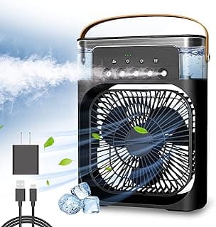 مبرد هواء شخصي من ان تي ام واي، مروحة مكيف هواء محمولة، مبرد تبخيري صغير مع إضاءة LED بـ7 ألوان ومؤقت 1/ 2/ 3 ساعات و3 سرعات رياح و3 أوضاع رش لمكتبك أو المنضدة او طاولة القهوة