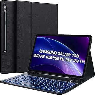 جراب كيبورد لجهاز سامسونج Galaxy Tab S10 Lite/S10 FE/S9 FE 5G 10.9-inch/S9 11-inch، إضاءة خلفية 7 ألوان، كيبورد لاسلكي مغناطيسي قابل للفصل مع مكان للقلم، أسود