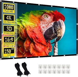 شاشة عرض بروجكتور، 150 بوصة للاستخدام الداخلي والخارجي، تصميم 4K HD 16:9 لليالي الأفلام في الحديقة (سهلة التنظيف، كسب 1.1، زاوية رؤية 160°)