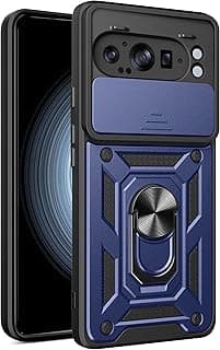 Compatible With Google Pixel 9 Pro XL Back Case with Camera Slide Cover, Ring Stand, Shockproof (Blue)