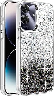 جراب متوافق مع Oppo Realme Note 60، شفاف بلمعة جليتر، إطار TPU ناعم، ظهر صلب، جراب حماية شفاف للنساء والفتيات (أبيض وأسود)