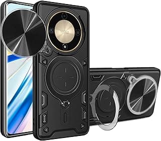 جراب متوافق مع Honor X9b، غطاء كاميرا منزلق، حلقة تثبيت دوارة 360 درجة، مسند، مقاوم للصدمات (أسود)