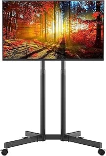 عربة تلفزيون متحركة، حامل أرضي مائل بعجلات قابلة للقفل لشاشات 32-85 بوصة LED وLCD وOLED مسطحة ومنحنية، ارتفاع قابل للتعديل مع رف للابتوب، يتحمل حتى 132 رطل، VESA 600x400mm، أسود