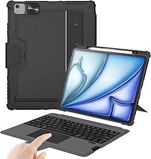 جراب كيبورد لجهاز iPad Air 13-inch (M4 2026/M3 2025/M2 2024)، جراب قوي لجهاز iPad Pro 12.9-inch (الجيل السادس/الخامس/الرابع/الثالث) مع كيبورد قابل للفصل، ماوس باد، ستاند رأسي/أفقي، أسود